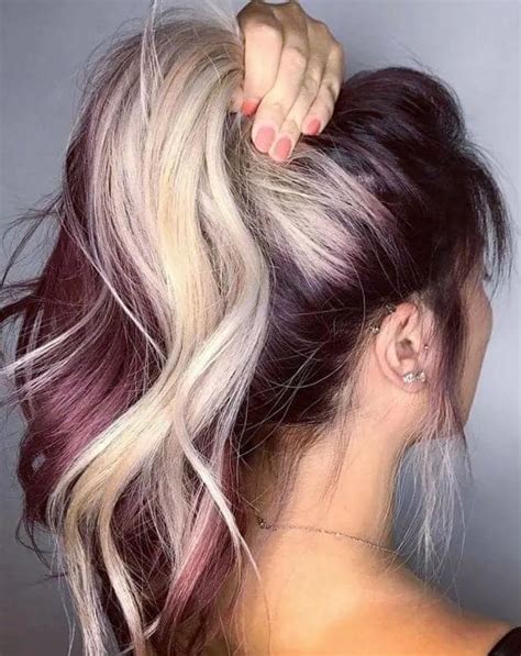 burgundy hairstyles with highlights|burgundy hair with blonde underneath.